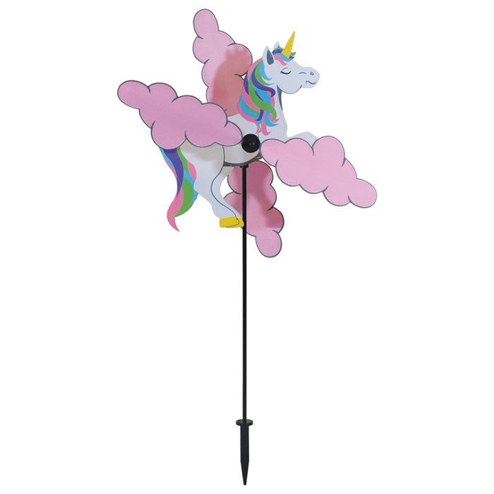 Unicorn Whirligig garden spinner featuring a whimsical unicorn design and vibrant colors, spinning in gentle outdoor breeze.