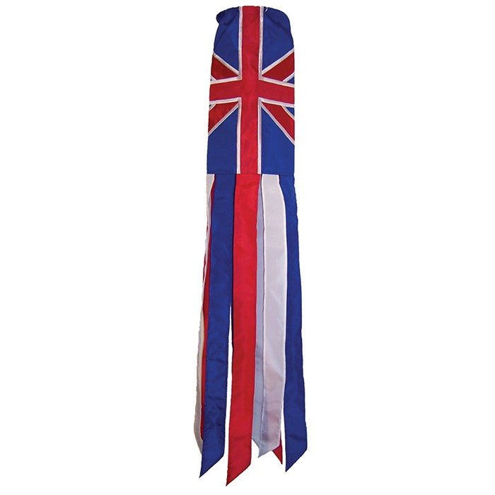 United Kingdom 40 inch windsock with bright colors, detailed appliqued graphics, and fluttering tails hanging outdoors.