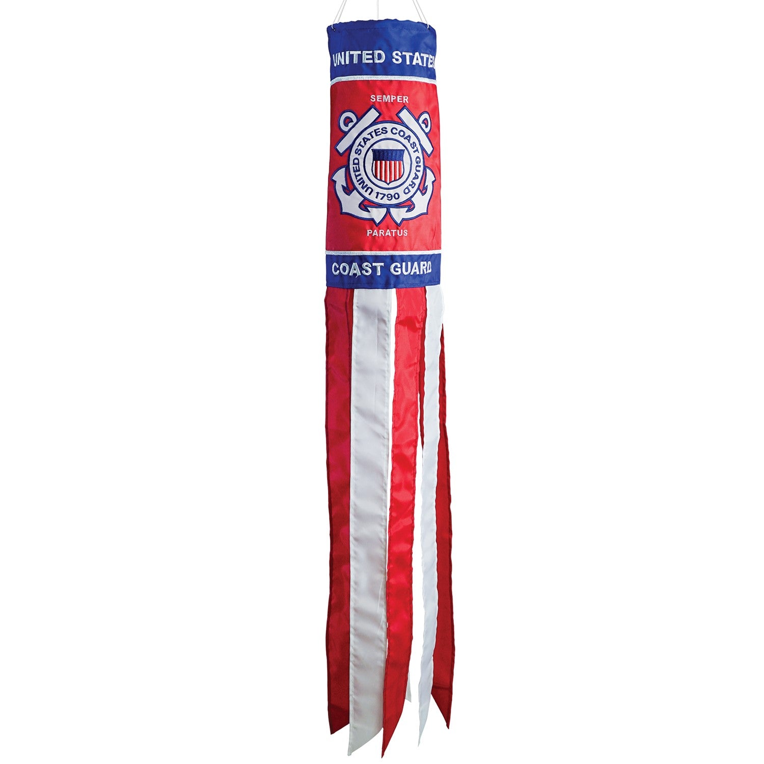 U.S. Coast Guard 40 inch windsock with detailed appliqued graphics and embroidered accents, fluttering outdoors in a garden setting.