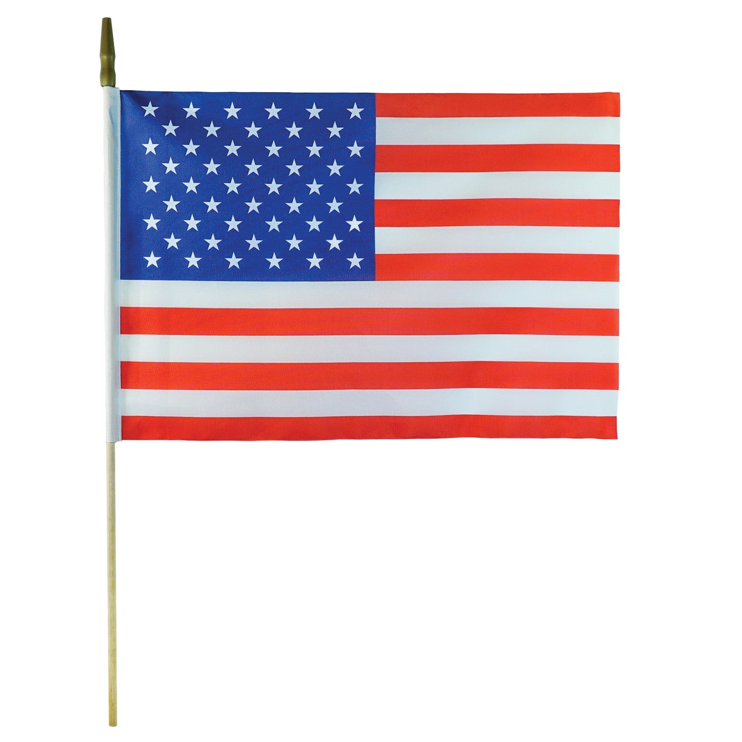 12x18 inch U.S. Stick Flags on wooden sticks, designed for outdoor use, displayed in a festive outdoor setting.