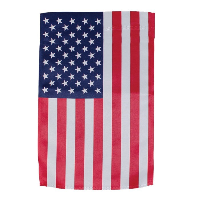 U.S. Flag Lustre Garden Flag with vibrant stars and stripes design displayed in a garden setting, showcasing its double-sided fabric.