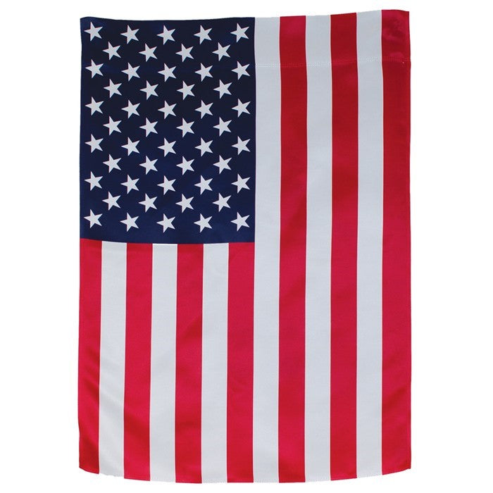 U.S. Flag Lustre House Banner featuring vibrant stars and stripes design displayed on a flagpole in a festive outdoor setting.
