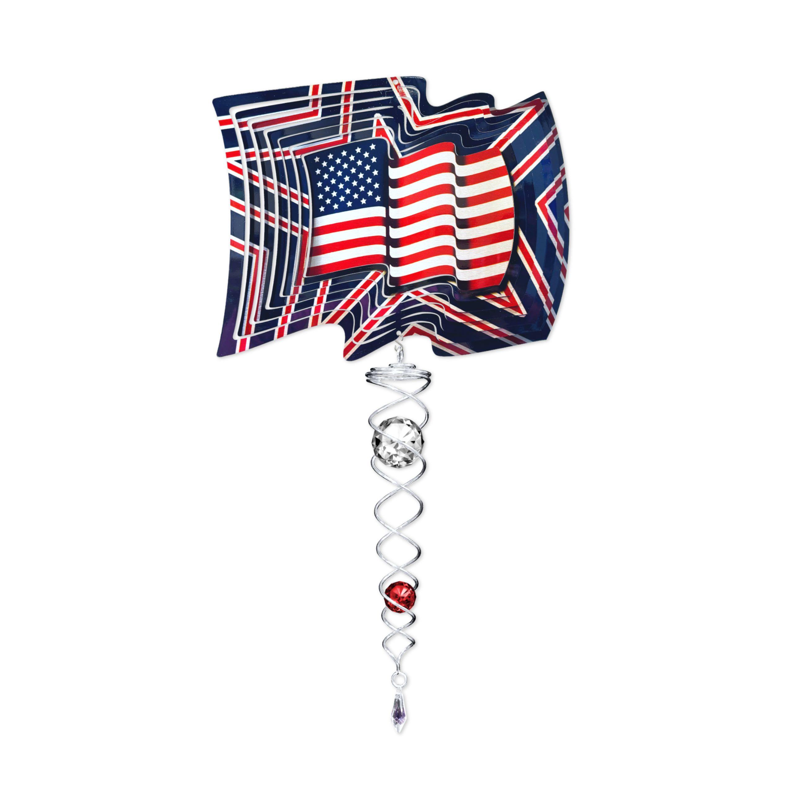 Vibrant US Flag Mini Set Wind Spinners displayed in a garden, featuring a 6.5-inch wind spinner and a 7.5-inch crystal twister in motion.