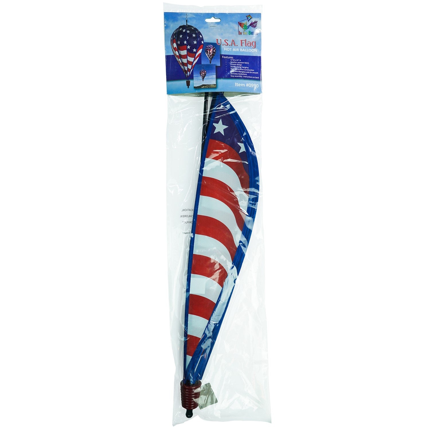USA Flag 10-Panel Hot Air Balloon spinning in a gentle breeze, showcasing a vibrant American flag design in an outdoor garden setting.