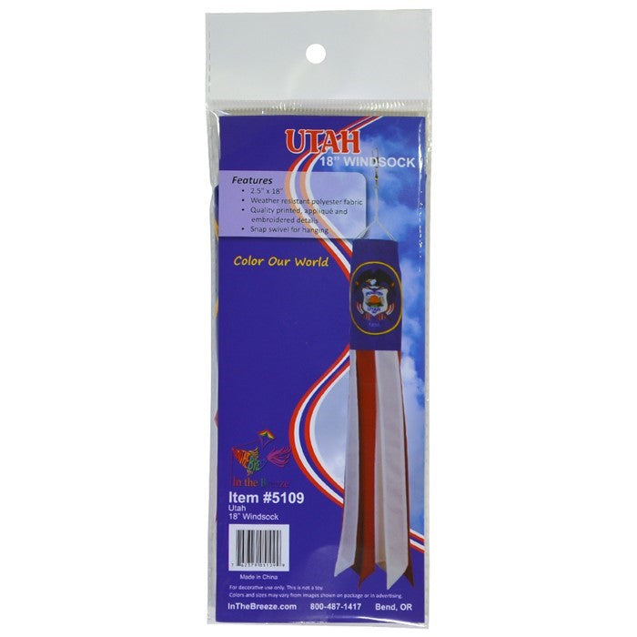 Vibrant Utah 18" windsock featuring state-themed colors and designs, fluttering in the breeze with durable polyester fabric for outdoor display.