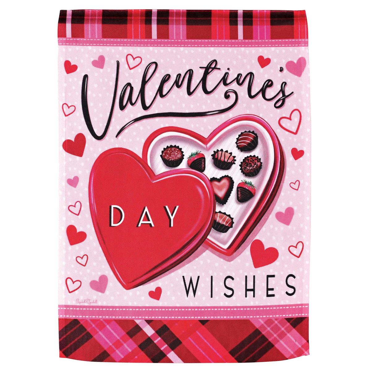 The Valentine Wishes garden flag measuring 13x18 inches features a vibrant design celebrating love, displayed outdoors with a bright background.