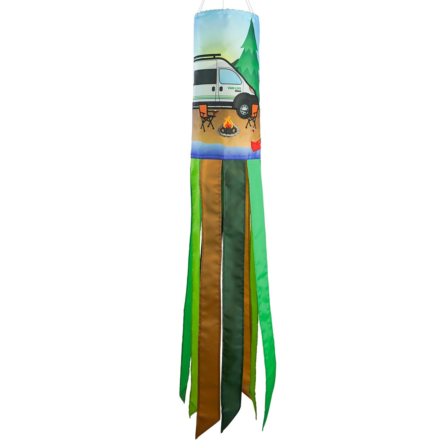 Vibrant 40-inch Van Life Inspiration Windsock with colorful graphics and fluttering tails displayed outdoors, capturing the spirit of camping and adventure.
