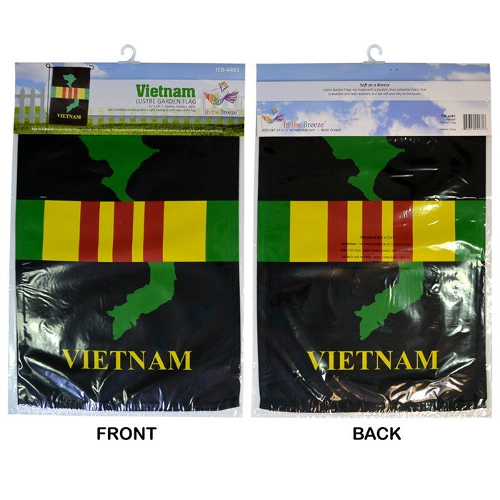 Vietnam Lustre Garden Flag featuring vibrant double-sided graphics on high-quality polyester displayed outdoors.