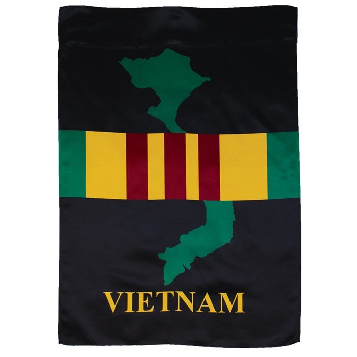 Vietnam Lustre House Banner featuring stunning graphics, designed to honor Vietnam veterans, displayed elegantly outdoors for all to see.