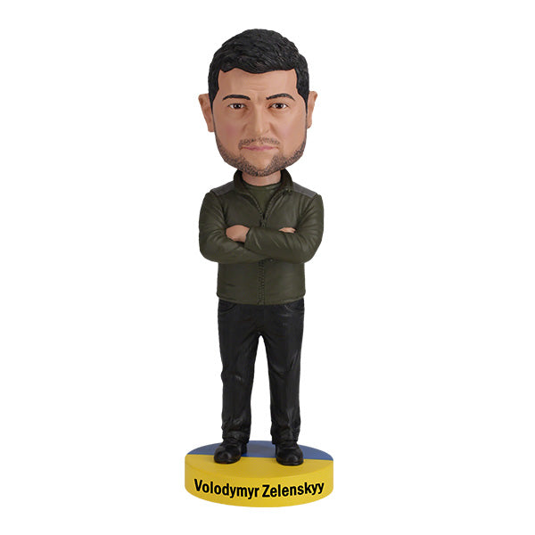 8-inch Volodymyr Zelenskyy bobblehead with authentic details and bright colors, depicting the Ukrainian president in a smiling pose.