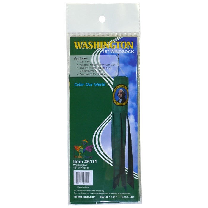 Washington 18-inch windsock with colorful tails fluttering in the breeze, showcasing vibrant applique and embroidered designs in an outdoor setting.
