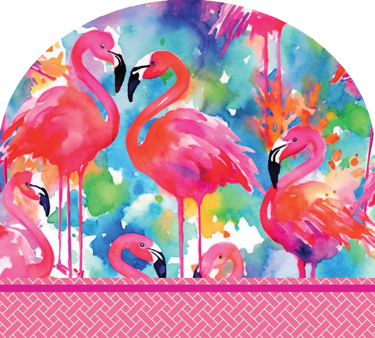 Watercolor Flamingos Arbor Mate panel displayed in a garden setting, showcasing vibrant flamingo design in a colorful outdoor decor.