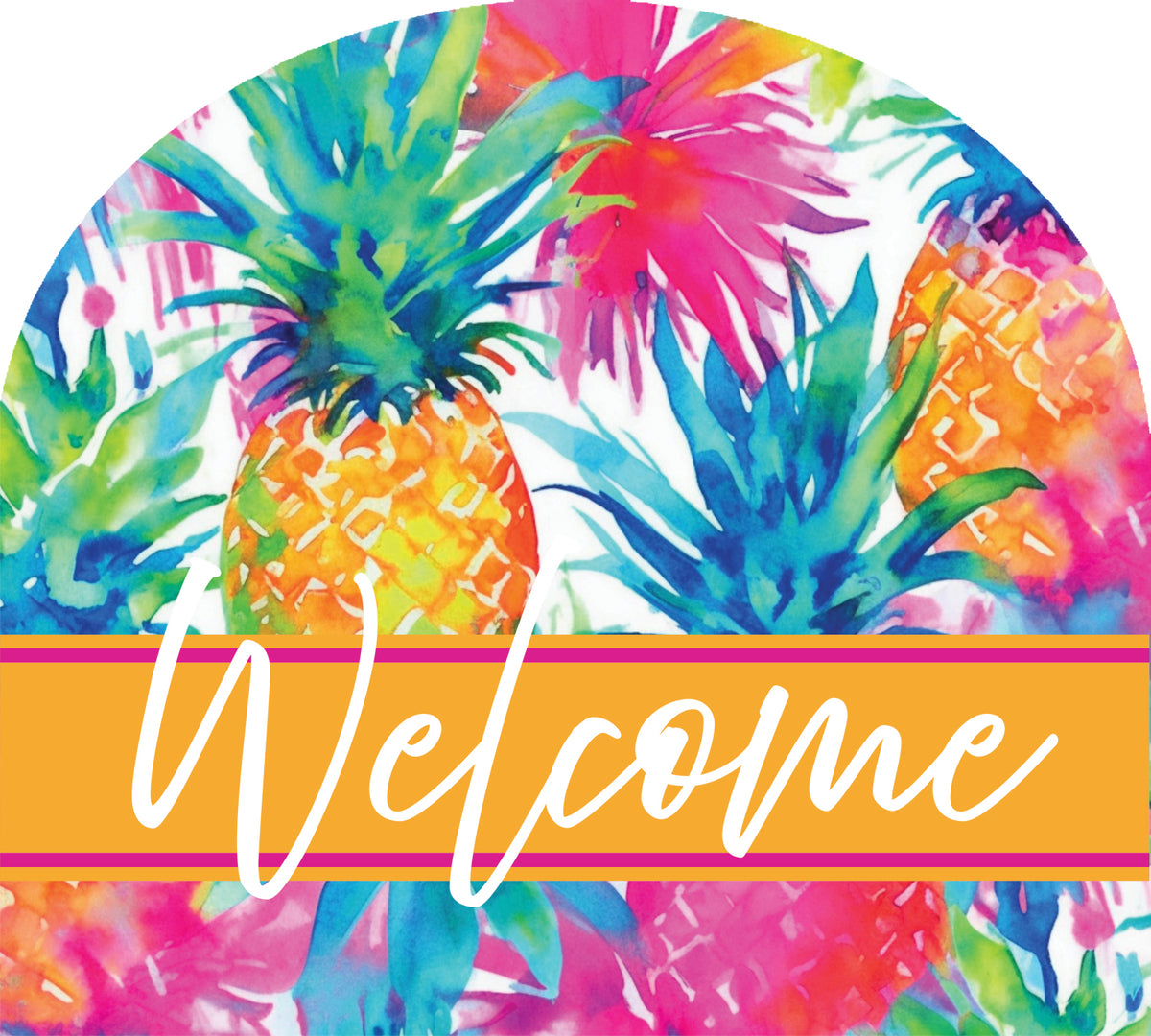 Watercolor Pineapples Arbor Mate panel displayed in an outdoor garden setting, featuring bright tropical pineapple design on durable PVC.