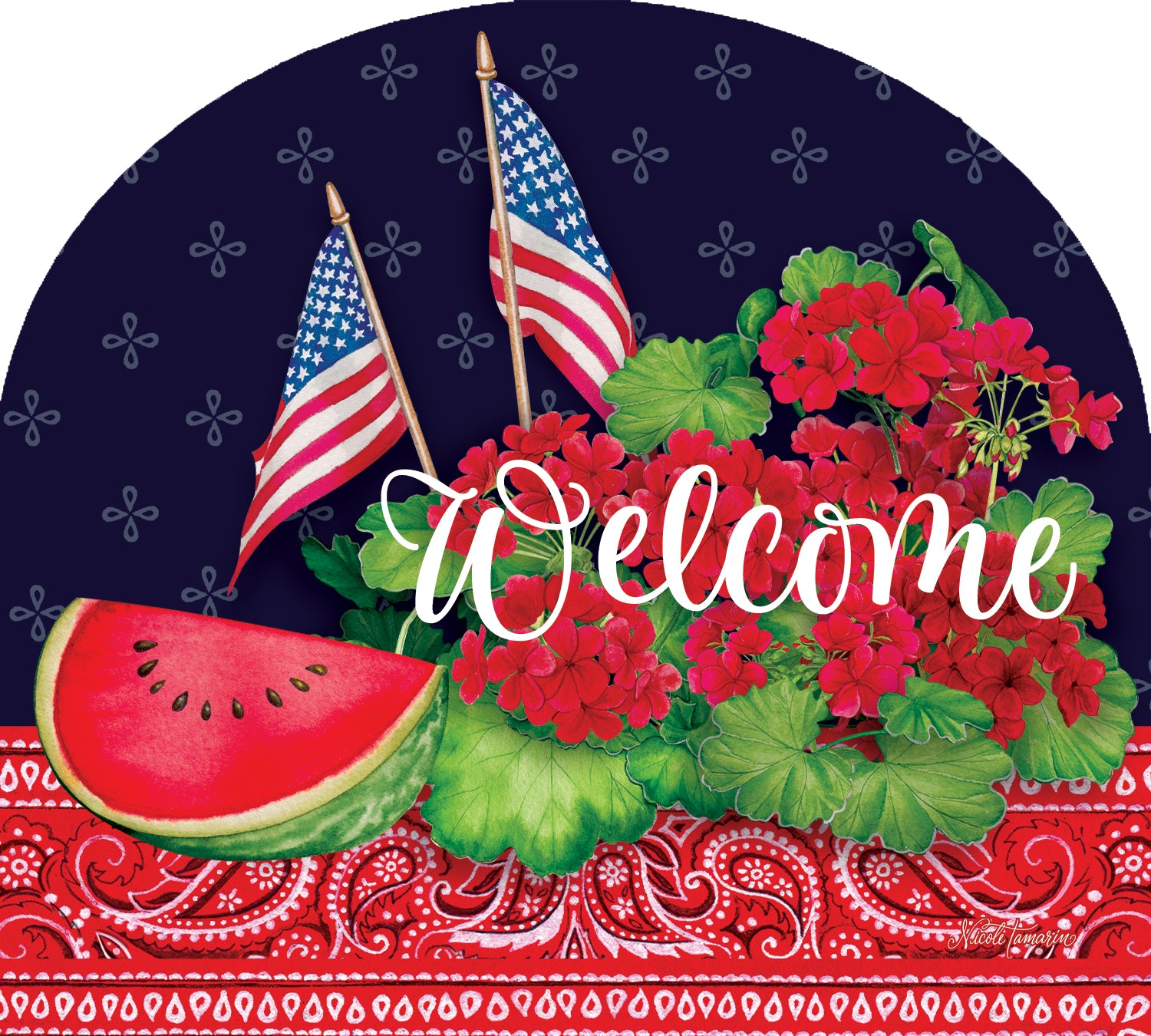 Watermelon and Flags Arbor Mate PVC panel shown on an Arbor Mate holder in a sunny garden setting, featuring a cheerful summer design.