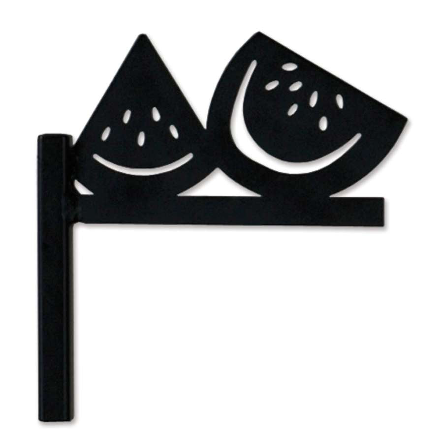 Watermelon Flag Finial, a 6-inch tall decorative garden accent, brightly colored with watermelon design, displayed on a flag pole.