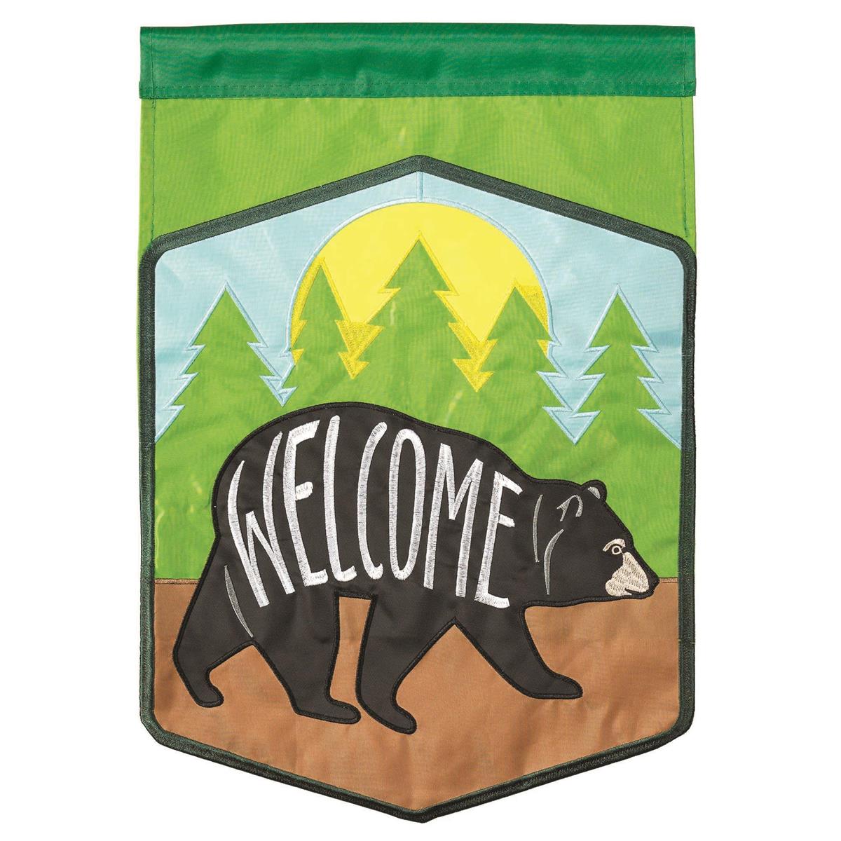 Welcome Black Bear 29x42 Flag featuring double applique design, durable polyester, and vibrant embroidery for nature-inspired outdoor décor.