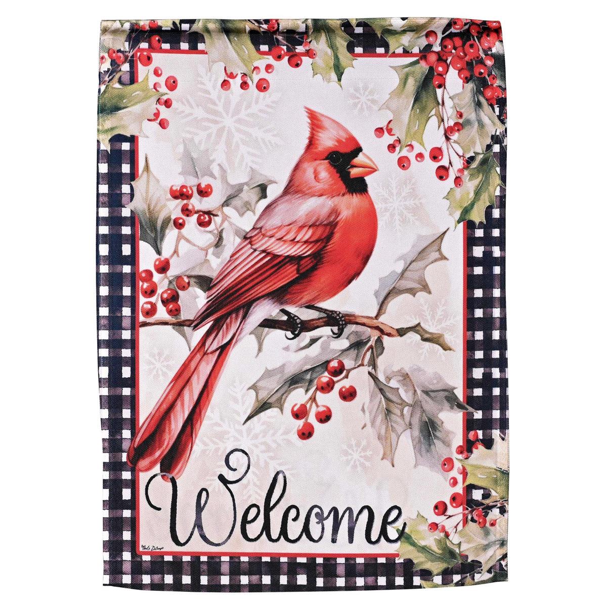 Welcome Cardinal Garden Flag with a vibrant red cardinal design displayed in a lush garden setting, showcasing its stunning colors.
