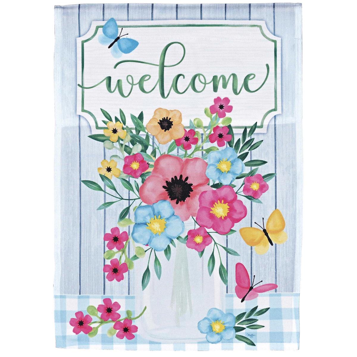 Welcome Flower Jar Banner Flag featuring a colorful flower jar design, displayed outdoors on a pole, showcasing its vibrant polyester fabric and beautiful aesthetics.