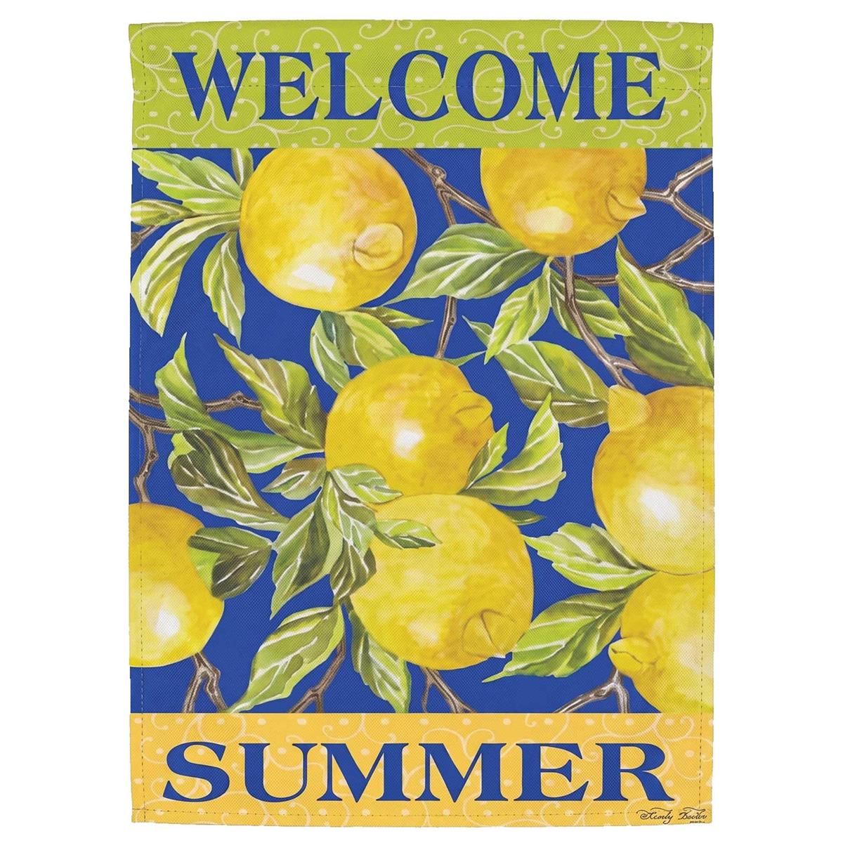 Welcome Lemons garden flag measuring 13x18 inches featuring a bright lemon design, displayed outdoors to capture sunlight beautifully.