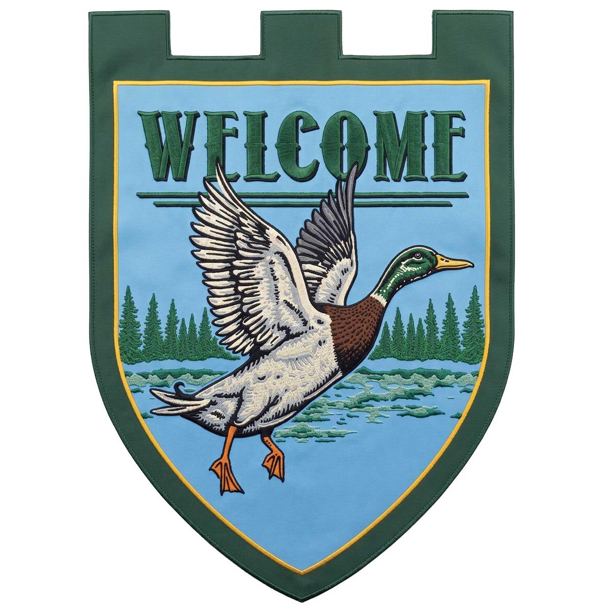 Welcome Mallard Garden Flag displayed outdoors with vibrant mallard design, showcasing the intricate embroidery and fabric details, perfect for garden decoration.