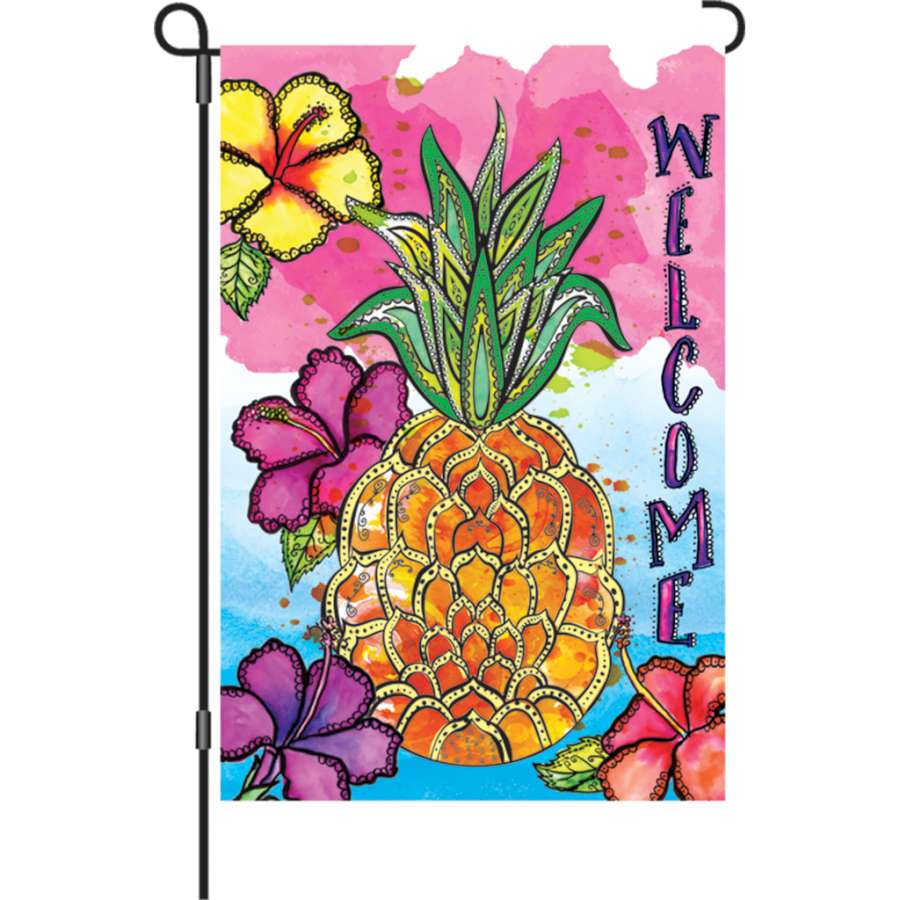 12 in. Welcome Pineapple flag shown outdoors, featuring a bright pineapple design against a clear summer background, ideal for welcoming guests.
