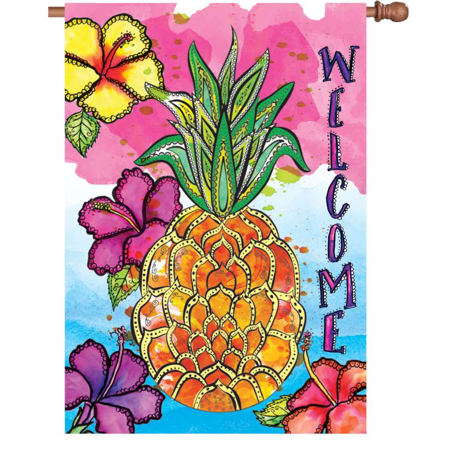 28 in. Welcome Pineapple Flag made of vibrant, fade-resistant fabric, showcasing a cheerful pineapple design in an outdoor garden setting.