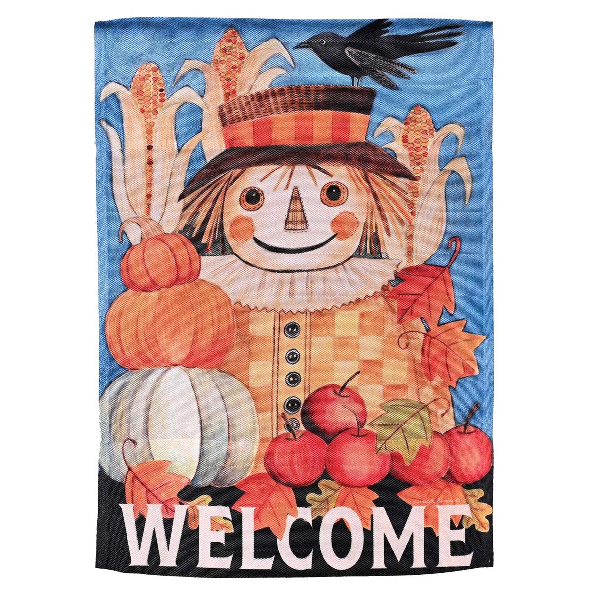 Welcome Scarecrow garden flag displaying a friendly scarecrow, with vibrant colors creating a stained glass effect during outdoor display.
