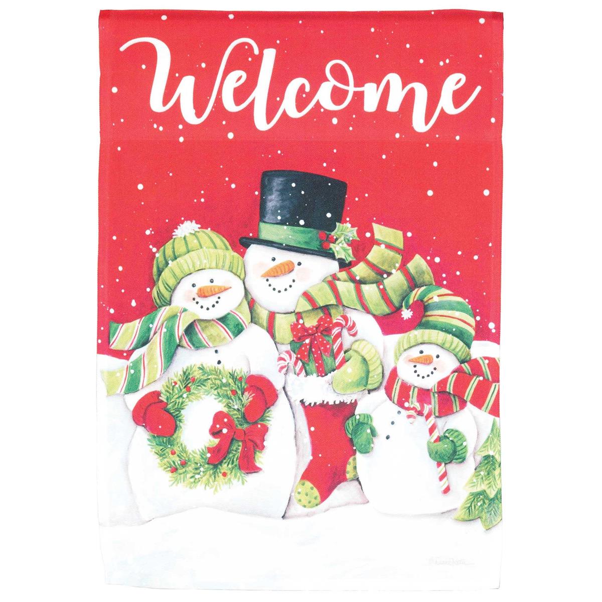 Welcome Snowman Family garden flag featuring snowman family design that allows light to shine through, perfect for festive outdoor decor this winter.