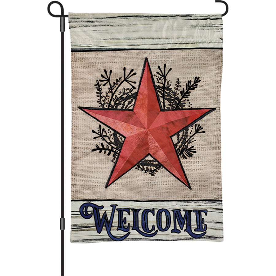 12 in. Welcome Star garden flag features double-sided autumn star design, displayed outdoors on a garden flag stand, inviting and colorful.