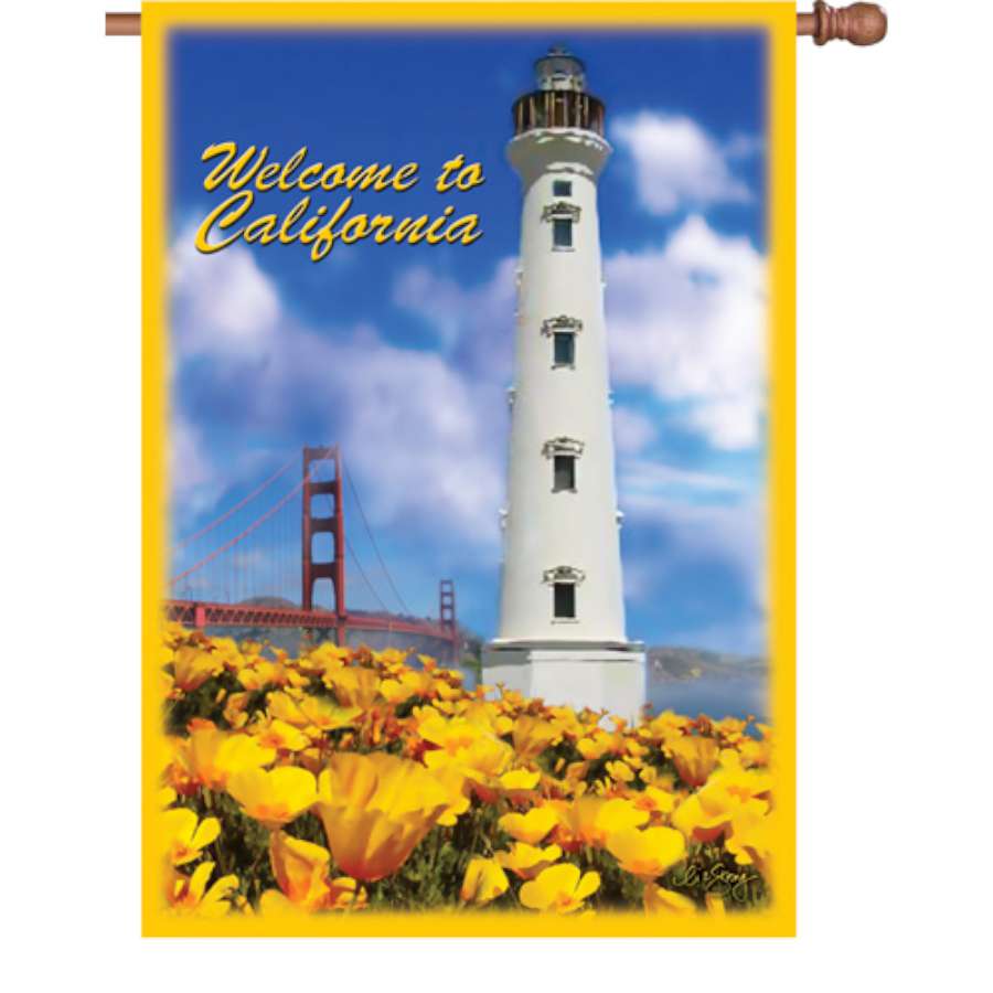 Vibrant 28-inch 'Welcome to California' flag displaying colorful graphics, hung on a flagpole in an outdoor setting.