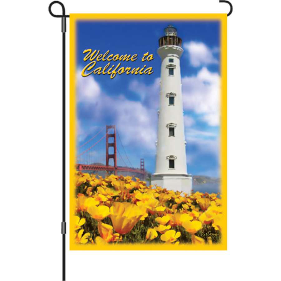 Welcome To California garden flag displayed outdoors, featuring bright graphics and warm colors, perfect for adding charm to any garden.