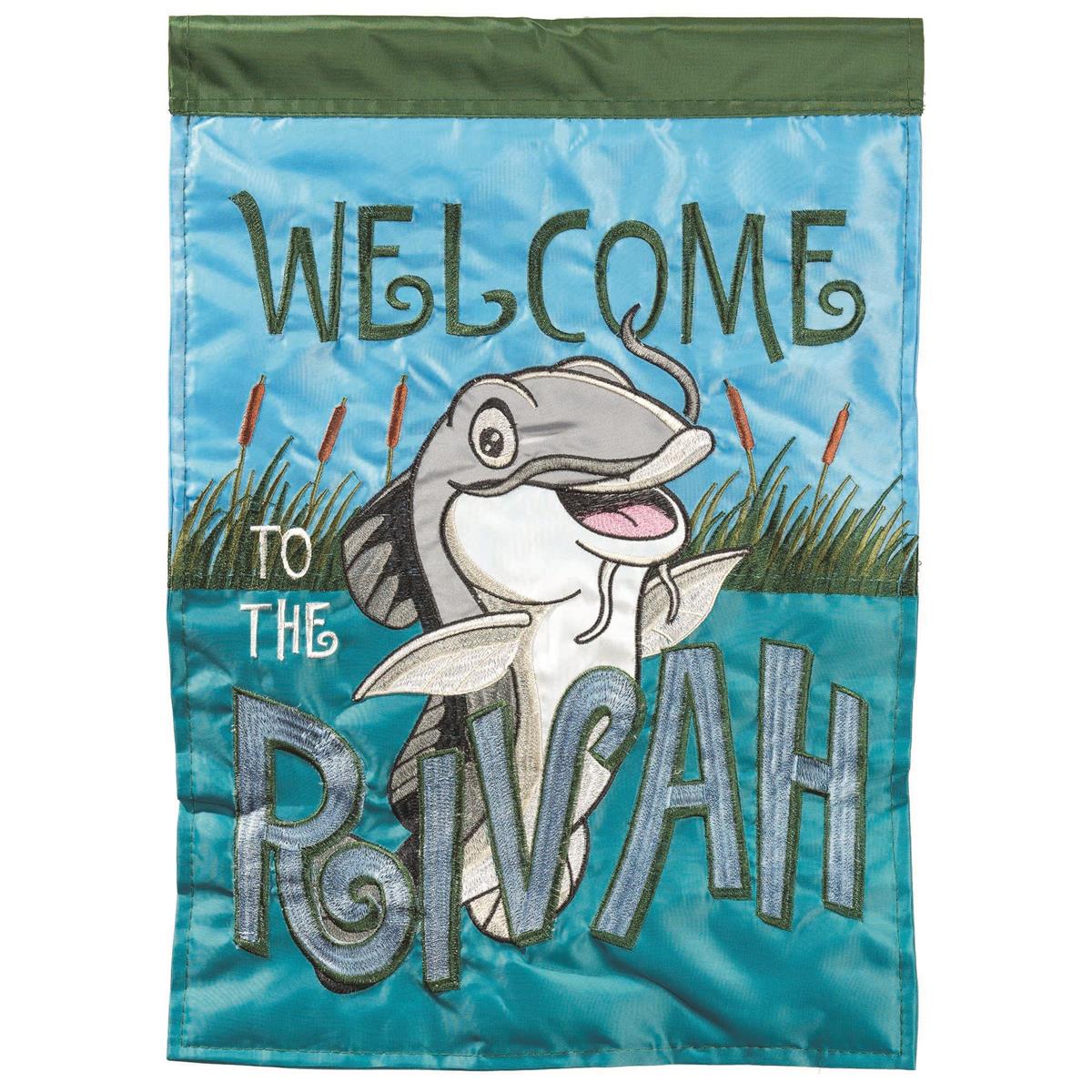 Welcome To The Rivah Fish garden flag features a double-sided design with fabric appliques and embroidery-perfect for outdoor display. Ideal for nature lovers.