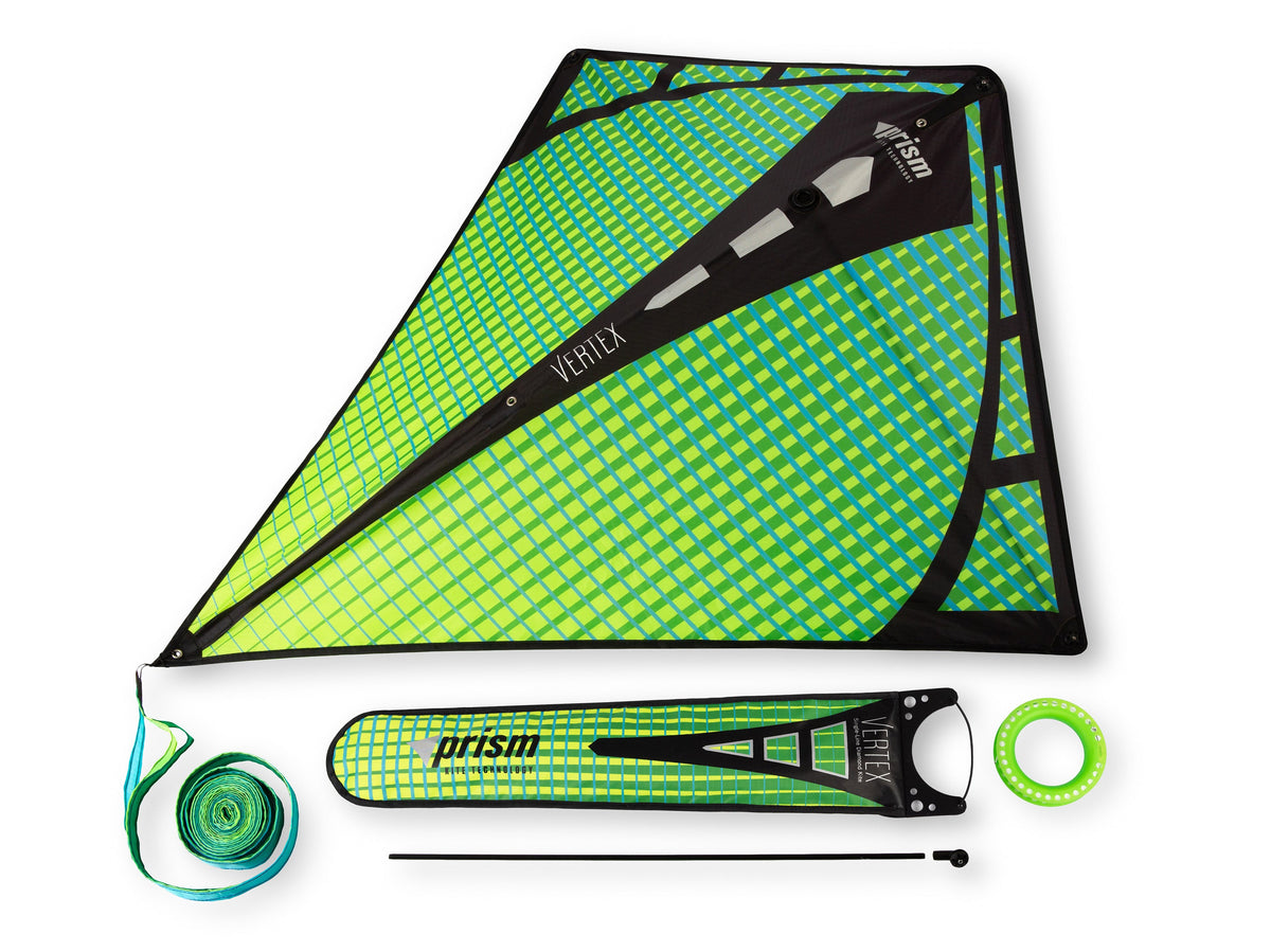 Aurora Prism Vertex diamond kite with included ribbon tail, line on winder, spare frame rod, and storage sleeve