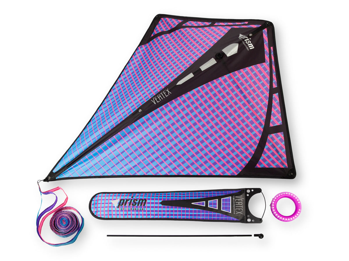 Ultraviolet Prism Vertex diamond kite with included ribbon tail, line on winder, spare frame rod, and storage sleeve