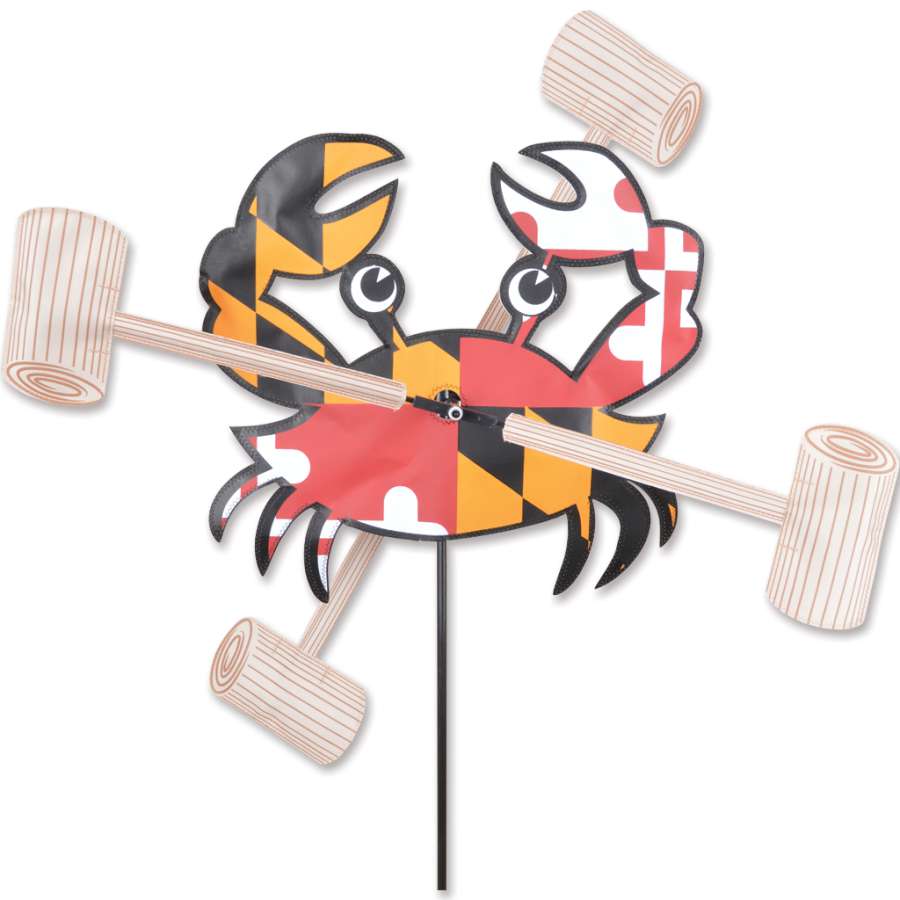 WhirliGig Spinner with an 18-inch Maryland Crab design spinning in a garden, animated by a gentle breeze, showcasing vibrant colors.