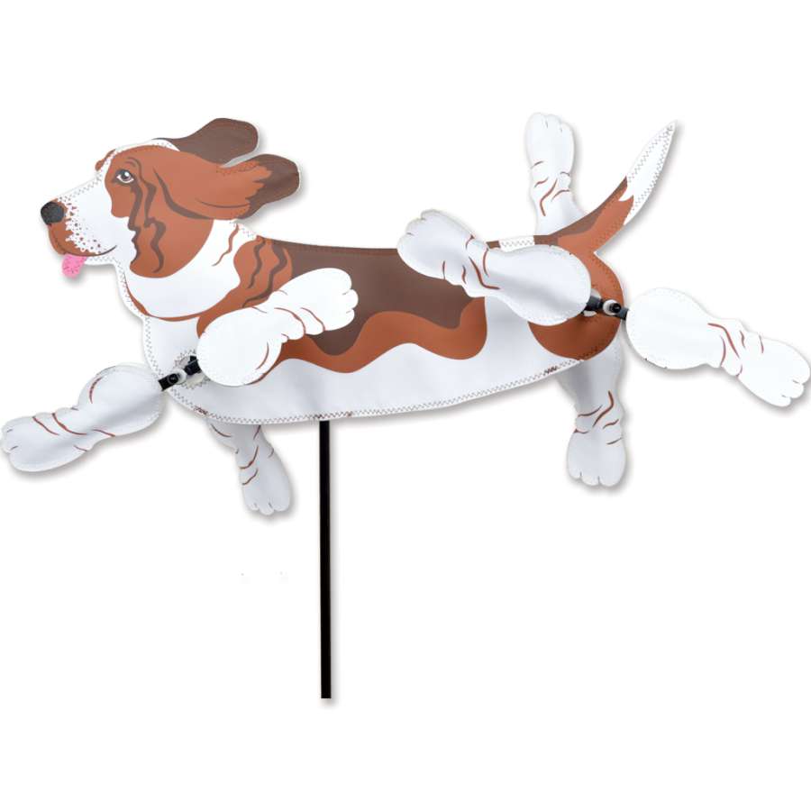 WhirliGig Spinner - 18.5 in. Basset Hound design spinning in a garden, showcasing durable SunTex fabric and vibrant colors.