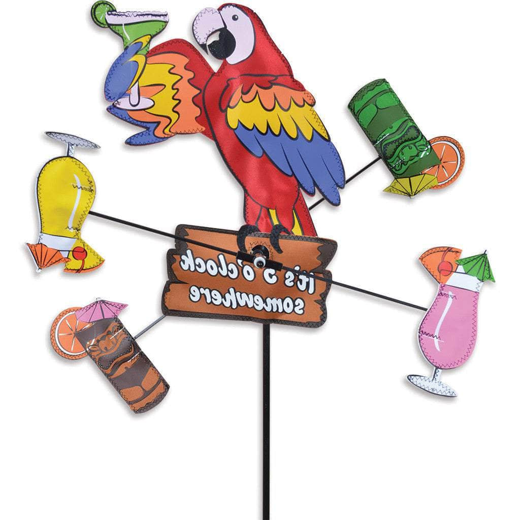 Island parrot spinner with bright colors and 20-inch wings, featuring “It’s 5 o’clock somewhere” stitched design for tropical garden motion.