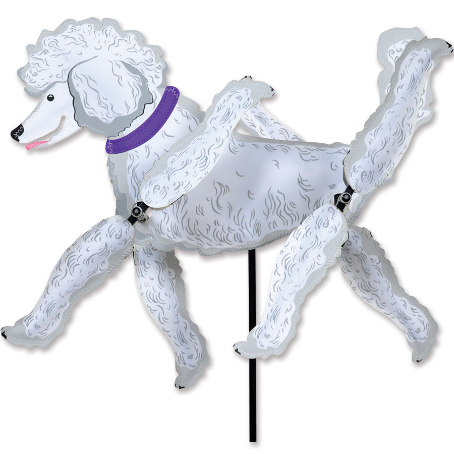 WhirliGig Spinner featuring a playful poodle design with colorful SunTex fabric, spinning in a garden, showcasing vibrant movement.