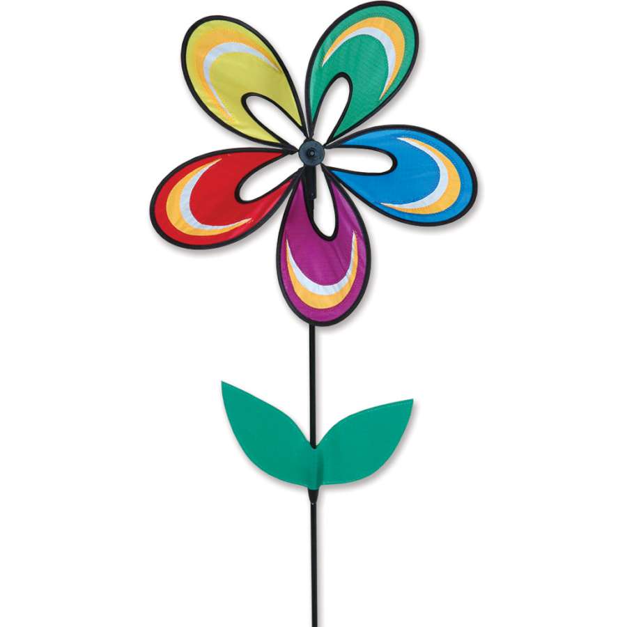 Whirly Wing Flower Spinner twirling in the garden with colorful turbine wings, showcasing vibrant outdoor beauty and movement.