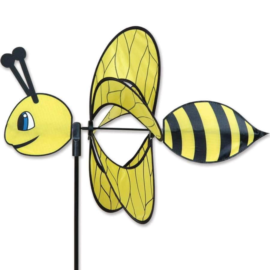 Bee spinner with bold stripes and spinning wings, crafted from durable fabric for playful motion and vibrant garden decoration.