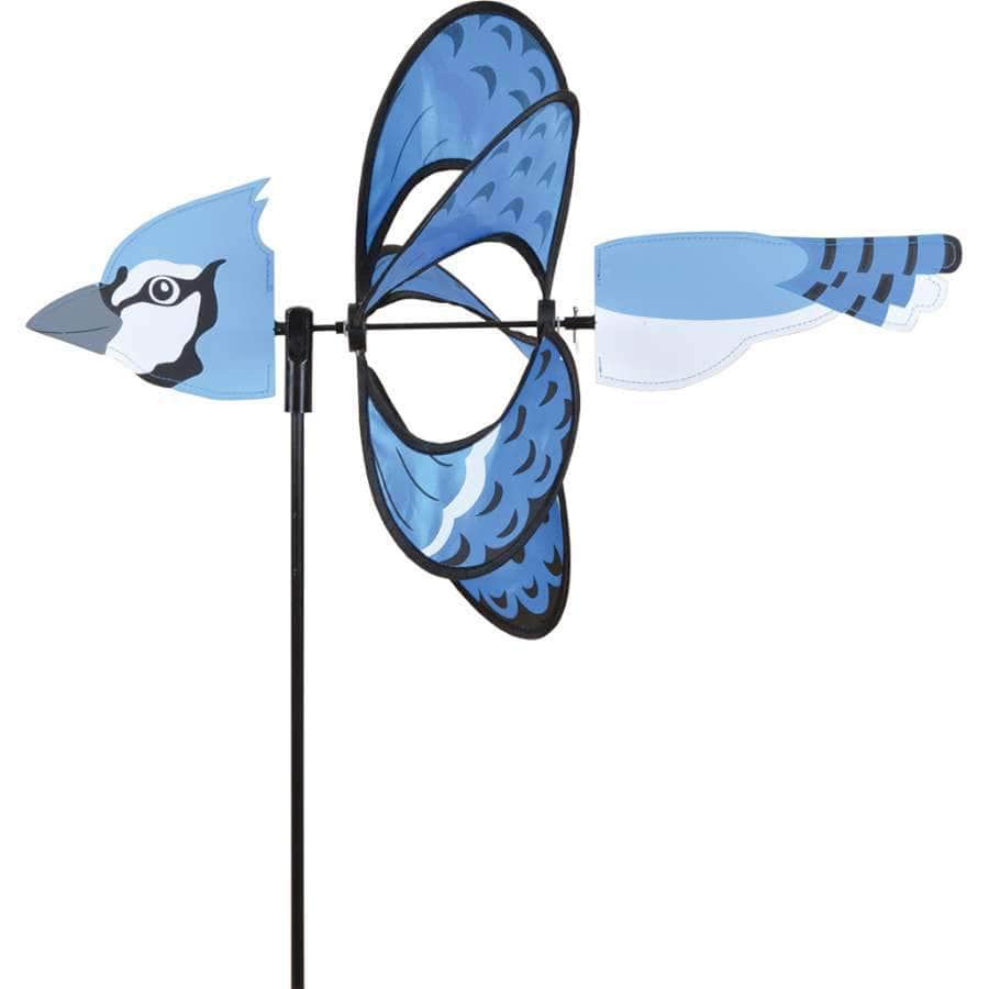 Blue Jay spinner with vibrant blue applique, rip-stop wings, and fluttering motion—adds lively color and energy to any garden or yard.