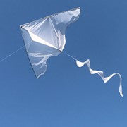 White Delta with White Twister Tail kite flying high in a clear blue sky, showcasing its sleek design and playful tail.