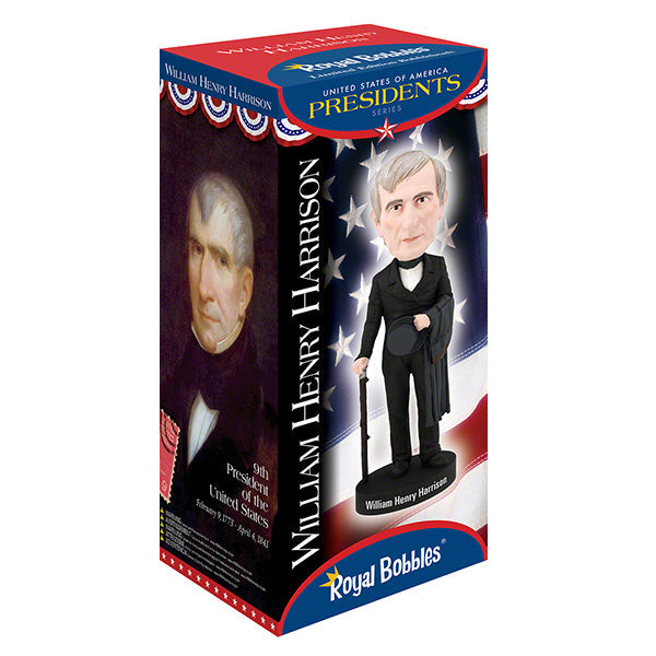 William Henry Harrison bobblehead showcasing detailed features and vintage attire, celebrating the ninth U.S. President in a vibrant display.