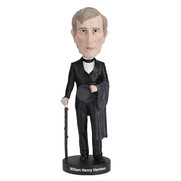 William Henry Harrison bobblehead showcasing detailed features and vintage attire, celebrating the ninth U.S. President in a vibrant display.