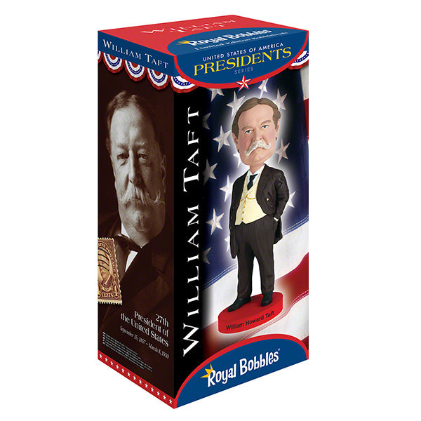 William Howard Taft bobblehead, an 8-inch collectible made from heavyweight polyresin, showcasing Taft's likeness with hand-painted details.