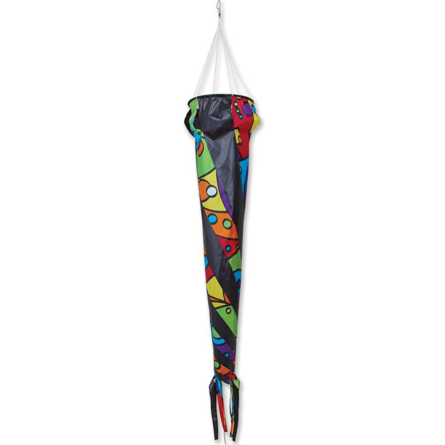 Wind Turbine 150 - Rainbow Orbit, a colorful 150 cm turbine spinning in the wind, attached to a kite line in a bright outdoor setting.