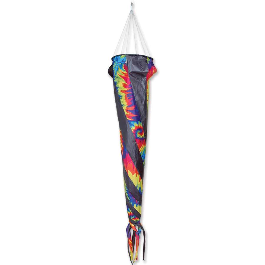 Wind Turbine 150 - Tie Dye, a colorful 150 cm spinning kite accessory creating vibrant visual effects in a garden setting.