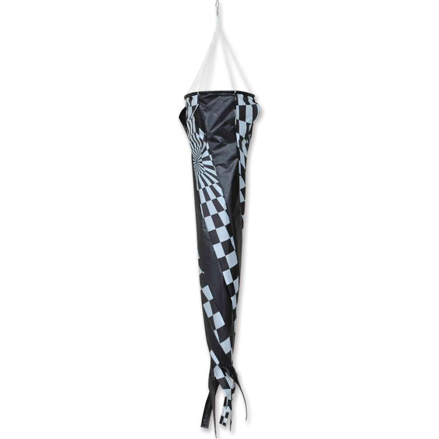 Wind Turbine 90 inflated and spinning in the wind, showcasing its vibrant op-art colors in an outdoor garden setting.