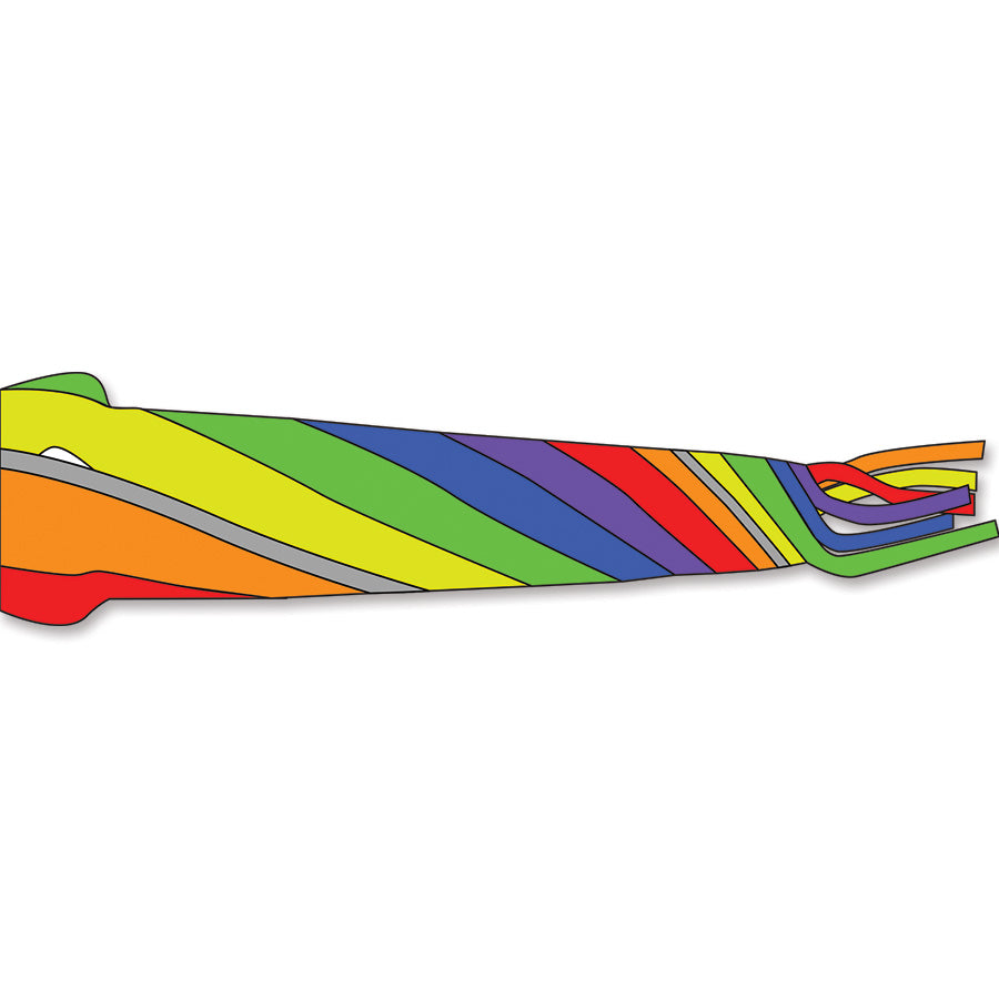 Wind Turbine 90 in reflective colors spinning in the wind on a kite line, creating vibrant patterns in an outdoor setting.