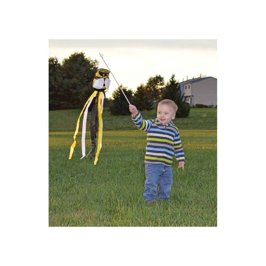 Colorful Wind Wand - Bee displayed outdoors, showcasing vibrant colors and a whimsical bee design, ideal for parades and parties.